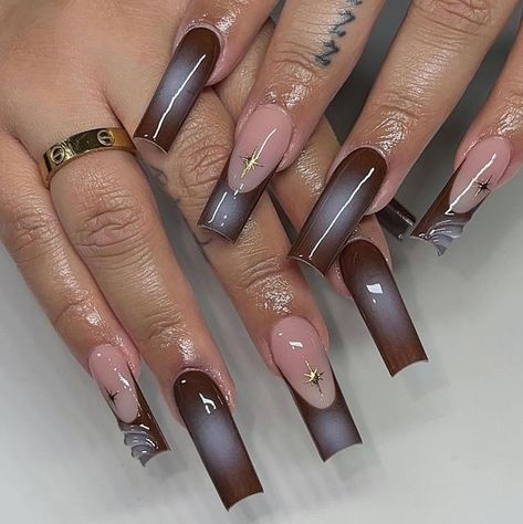 Brown Acrylic Nails, Ombre Acrylic Nails, Nagel Tips, Easy Nails, Girly Acrylic Nails, Unique Acrylic Nails, Nail Swag, Brown Nails, Square Acrylic Nails