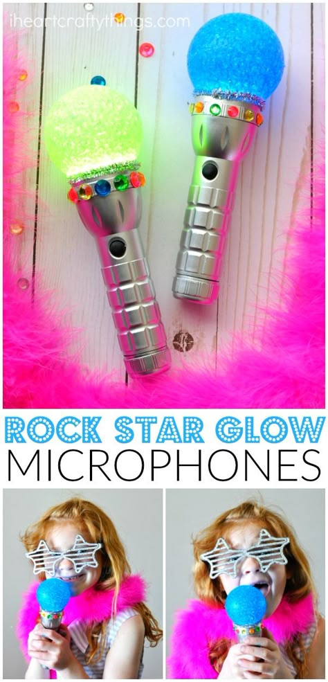 This fun glowing rock star microphone craft is fun for family karaoke night, rock star birthday party activity and SING movie craft for kids. Post sponsored by Universal. Elvis Party Favors, Party Activities For Toddlers, Birthday Party Activities For Toddlers, Star Microphone, Microphone Craft, Rock Star Party Favors, Rock Star Birthday Party, Pop Star Party, Glow Rock