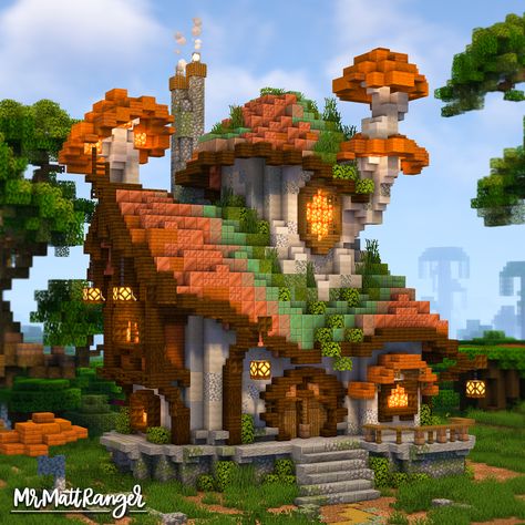 Orange mushroom shaped minecraft house with a bit of overgrown leaves and grass on the roof. Copper Gradient Minecraft, Minecraft Spring Build, Mushroom Town Minecraft, Minecraft Building Themes, Minecraft Shop Build, Cherry Path Minecraft, Minecraft Mob Farm Design, Whimsical Minecraft House Tutorial, Minecraft Build Themes