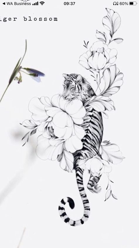 Tiger Shin Tattoo For Women, Tiger With Flowers Drawing, Tiger Tattoo With Cherry Blossoms, Tiger Tattoo Ideas Female, Peaceful Tiger Tattoo, Feminine Panther Tattoo For Women, Large Animal Tattoos, Tiger In Flowers Tattoo, Feminine Tiger Tattoo For Women Arm