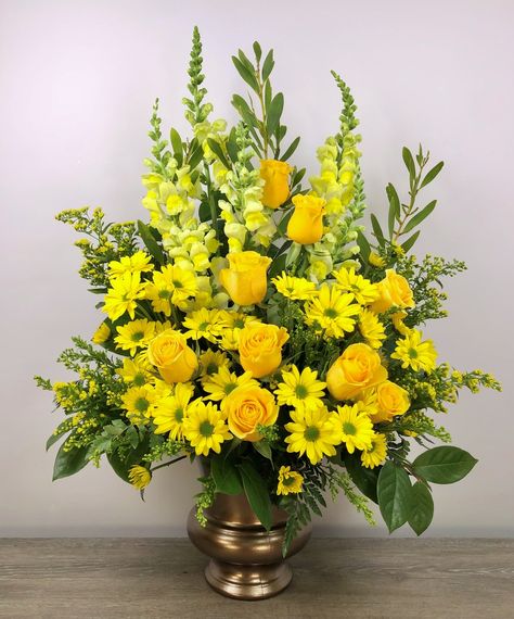 Honor a bright spirit who was like a ray of sunshine to everyone they encountered, with a grand display of bold yellow blossoms. At more than three feet tall, it will add a touch of brightness to any tribute.   SKUs: ,T219-1A Yellow Floral Arrangements, Diy Silk Flower Arrangements, Yellow Flower Arrangements, Chrysanthemum Bouquet, Sympathy Floral, Arreglos Ikebana, Sympathy Arrangements, Sunflower Arrangements, Large Floral Arrangements