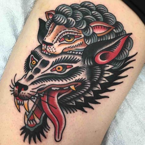 Wolf In Sheeps Clothing Tattoo, Wolf Tattoo Traditional, Wolf In Sheeps Clothing, Traditional Black Tattoo, Traditional Style Tattoo, Retro Tattoos, Traditional Tattoo Sleeve, Sheep Clothing, Wolf Tattoo Design