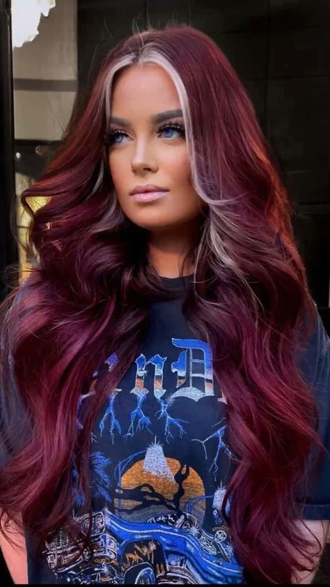 Hair Colour Ideas Ombre, Burgundy Hair With Black Money Piece, Deep Red Hair With Blonde Money Piece, Edgy Professional Hair, Maroon Hair With Money Piece, Dark Red Hair With Blonde Peekaboos, Burgendy Hair Color, Red Hair With Silver Highlights, Red Hair With Blonde Money Piece