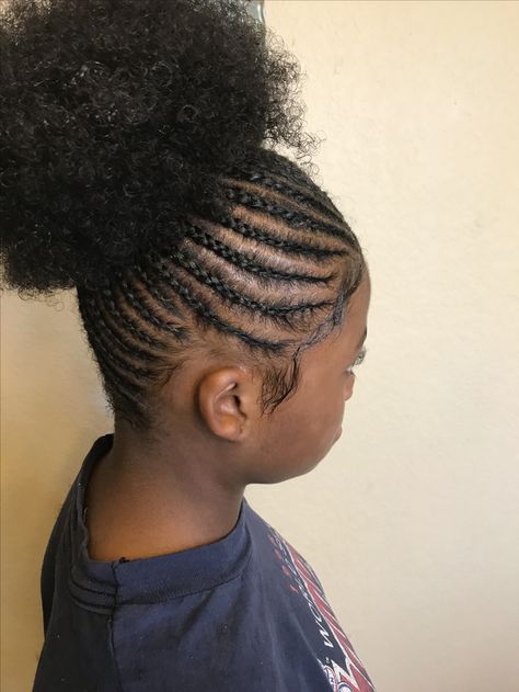 Conrow Ponytails Natural Hair, Braided Up Puff Natural Hair, Cornrows Into A Puff, Cornrow And Puff Hairstyles, Cornrow In Two Puffs, Cornrow Hairstyles For School Kids, Cornrow With Afro Puff Styles, Braided Puff Natural Hair Cornrows, Cornrow Afro Puff