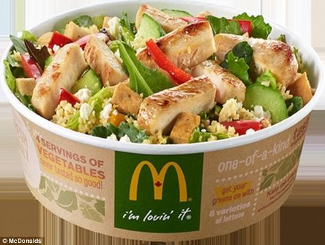 Beware of "healthy" options at fast food restaurants. Packed with sugar, fat and high calorie. Read labels! Healthy Mcdonalds, Salad Kale, Healthy Chicken Salad, Chicken Caesar Salad, Salad Healthy, Ambrosia Salad, Fast Healthy Meals, Grilled Chicken Salad, Summer Salad Recipes