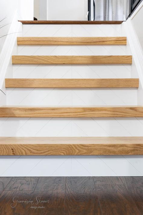 How to Remodel Stairs DIY | ©GarrisonStreetDesignStudio | How to | Remodel | Stairs | DIY | Stair | Treads | Risers | Modern | Re Tread | Wood | DIY Stairs Makeover | How to Redo Stairs | Staircase Renovation | Wood Stair Treads | Pattern | Stair Tread Ideas | Refinish Stairs | How to Install | Tutorial | Refinish | Steps | Square | Stair Nosing | Redo Stairs | Reversible Stair Riser | Natural | Paint | Stain | Modern Stairs | Chevron | Carpet to wood | Chunky Retro Tread | White Wood Treads On Stairs, Diy Stair Treads, Staircase Remodel Diy, Stairs Wall Design, Refinish Stairs, Remodel Stairs, Staircase Renovation, Stairs Diy, Diy Stairs Makeover