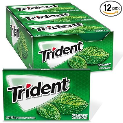 Amazon.com : Trident Spearmint Sugar Free Gum, 12 Packs of 14 Pieces (168 Total Pieces) : Grocery & Gourmet Food Trident Gum, Spearmint Gum, Mint Gum, Sugar Free Gum, Flavored Sugar, How To Prevent Cavities, Receding Gums, Chewing Gum, Tooth Decay