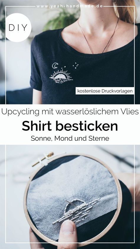 DIY | Upcycling Shirt besticken mit untergehender Sonne, Mond und Sternen Konstellation (Southern Cross). Wenn du gerade Sticken lernst, wirst du folgende Stiche lernen: Steppstich/Rückstich, Knötchenstich und den versetzten Plattstich. Ich stelle dir meine Vorlagen bzw Motive zur Verfügung, mit und ohne Sternen Konstellation. Mi der Idee kannst du ganz einfach deine Kleidung aufpeppen. Auch schön als Geschenk. Anleitung auf Yeah Handmade Diy Chemise, Upcycling Shirts, Learning To Embroider, Sun Moon And Stars, Southern Cross, Diy Upcycling, Shirt Diy, Learn Embroidery, Star Diy