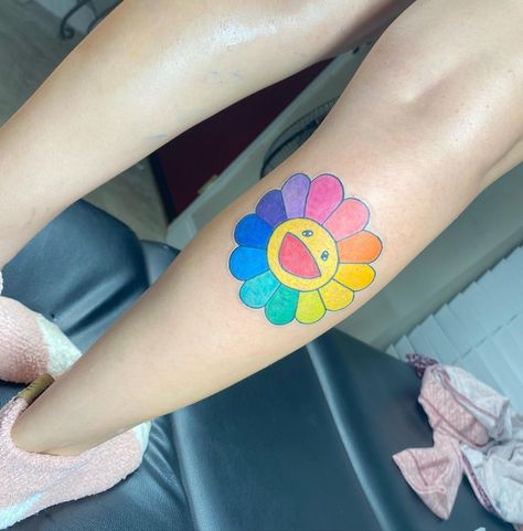 Rainbow Flowers Tattoo, Takashi Murakami Tattoo, Murakami Flower Tattoo, Murakami Tattoo, Cute Simple Tattoos, Murakami Flower, Colorful Tattoos, Henna Inspired Tattoos, Hand Tattoos For Girls