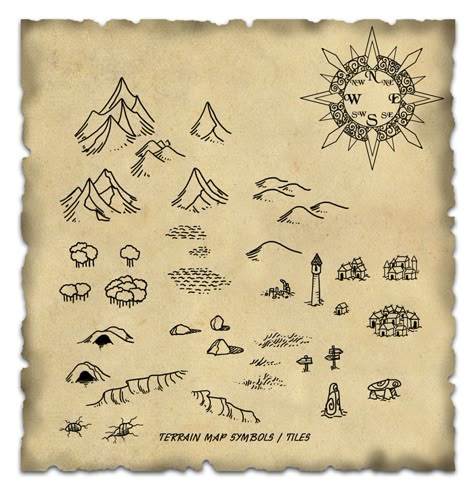 Terrain Map Symbol / Tiles cartography icons | Create your own roleplaying game material w/ RPG Bard: www.rpgbard.com | Writing inspiration for Dungeons and Dragons DND D&D Pathfinder PFRPG Warhammer 40k Star Wars Shadowrun Call of Cthulhu Lord of the Rings LoTR + d20 fantasy science fiction scifi horror design | Not Trusty Sword art: click artwork for source Fantasy Map Drawing, Map Drawing Ideas, Fantasy Map Drawing Ideas, Cartography Map, Map Sketch, Map Drawing, Fantasy Map Making, Map Symbols, Fantasy World Map