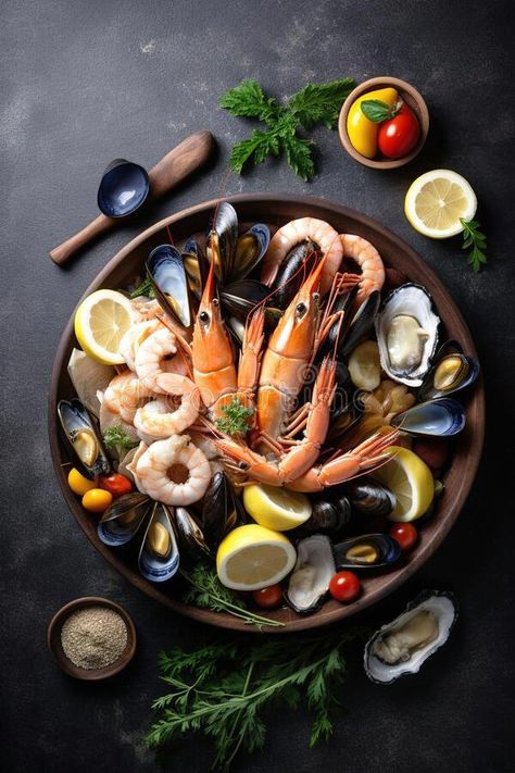 Table top view of fresh seafood platter over dark background. stock photography, #background, #stock, #photography, #ad #Deep-FriedSeafoodTreats Fresh Seafood Platter, Seafood Sandwiches, Seafood Dip, Seafood Bake, Table Top View, Seafood Platter, Grilled Seafood, Seafood Soup, Soup And Stew