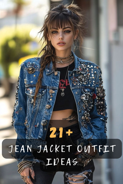 A jean jacket is a wardrobe must-have! These 21 outfits show you how to style it with dresses, joggers, or classic black pants for a modern twist. Tap to see all the ideas 👖✨. #JeanJacketStyle #OutfitInspiration #DenimOnPoint Rock And Roll Denim Jacket, Acid Wash Jean Jacket Outfit, Decorated Jean Jacket, How To Style A Jean Jacket, Rock And Roll Denim, Outfits Show, Jean Jacket Outfit, 21 Outfits, Jacket Outfit Ideas