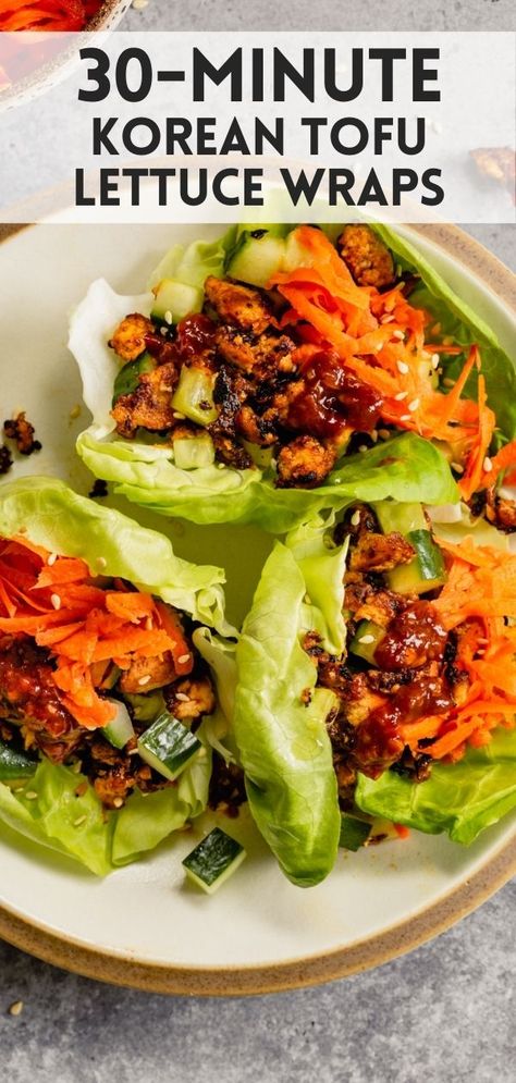 Vegan Korean Tofu Lettuce Wraps Korean Tofu, Tofu Lettuce Wraps, Vegan Lettuce Wraps, Tofu Wraps, Ginger Wraps, Garlic And Ginger, Vegan Wraps, Lettuce Wrap Recipes, Vegan Asian