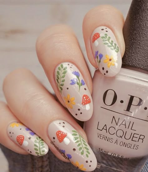 Trippy Mushroom Nails, Cottagecore Nails, Mushroom Nails, Trippy Mushroom, Pretty Nail Colors, Cute Simple Nails, Cute Nail Art, Gel Nail Designs, Floral Nails