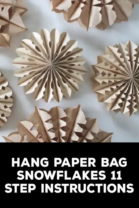 How to Hang Paper Bag Snowflakes Bag Snowflake Patterns, 3d Paper Bag Snowflakes, Paper Bag Snowflake Designs, Sandwich Bag Snowflake, Lunch Bag Snowflake Patterns, How To Hang Paper Snowflakes, Paperbag Snowflake Patterns, Brown Bag Snowflake Diy, Diy Paper Bag Snowflakes Pattern