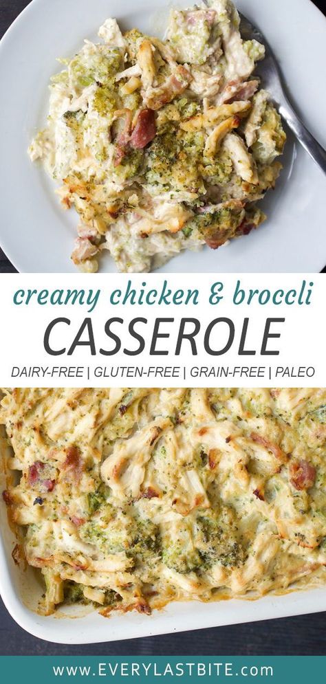 This Creamy Whole30 Chicken & Broccoli Casserole is a healthier spin on the classic casserole. It’s the perfect comfort dish for winter that everyone will love. This is a great casserole to make in advance, or freeze for those future nights when you don’t feel like cooking. #keto #paleo #dairyfree #grainfree #glutenfree #whole30 Paleo Chicken Broccoli Casserole, Broccoli Bacon Casserole, Paleo Chicken Casserole, Creamy Chicken Broccoli Casserole, Creamy Chicken Broccoli, Paleo Casserole, Healthy Chicken Casserole, Broccoli Bacon, Bacon Casserole