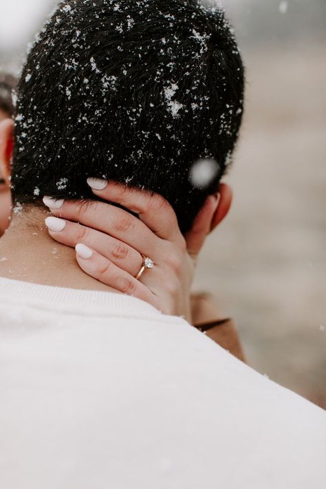 playful engagement session with couple kissing and laughing while about to kiss during their snowy Boulder engagement session holding hands with the Colorado Rocky Mountains behind them with Colorado elopement photographer Diana Coulter Christmas Engagement Photos, Snowy Colorado, Winter Engagement Photos Outfits, Snow Engagement Photos, Forest Engagement Photos, Winter Engagement Pictures, Engagement Announcement Photos, Creative Engagement Photo, Engagement Session Posing