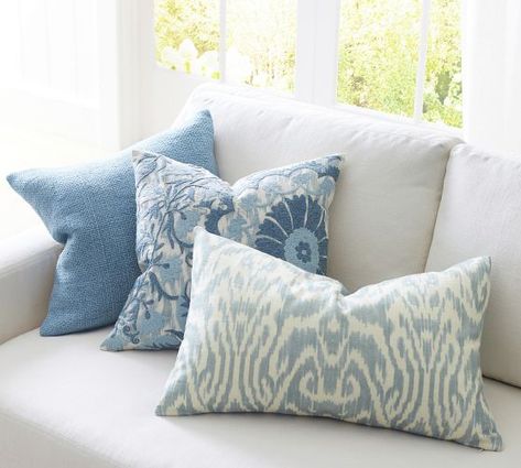 Throw Pillows | Decorative & Accent Pillows | Pottery Barn Coastal Living Room Apartment, White Couch With Blue Pillows, Light Blue Throw Pillows, Light Blue Pillows, Coastal Throw Pillows, Textured Throw Pillows, White Couches, Coastal Pillows, Seaside Cottage