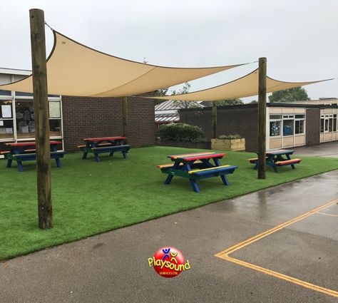 Outdoor School Seating, Daycare Playground Shade Ideas, School Grounds Ideas, Diy Playground Shade, Middle School Playground Ideas, Outdoor Daycare Space, Diy Playground Shade Ideas, Playground Cover Ideas, Shade Over Playground