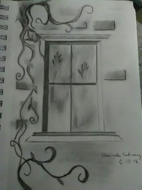 Ghost House Drawing, Mysterious Doorway Drawing, Scary House Drawing, Looking Out Window Drawing, Haunted House Drawings, Scary Ghost Drawing, 2025 Bujo, Haunted House Drawing, Scary Paintings