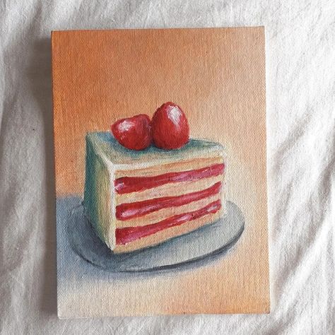 Food Art Painting Acrylic, Cake Acrylic Painting, Cake Painting, Food Art Painting, Cake Drawing, Disney Canvas, Painting Birthday, Library Art, Canvas Drawings