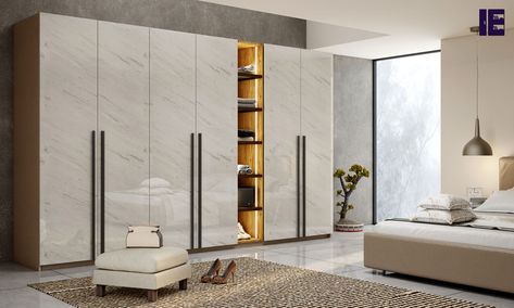 White Marble Wardrobe Design, Wardrobe With Open Shelf, Marble Laminate Wardrobe, Marble Wardrobe Design, Marble Wardrobe, White Marble Laminate, White Wardrobe Designs, Laminate Wardrobe, Marble Laminate