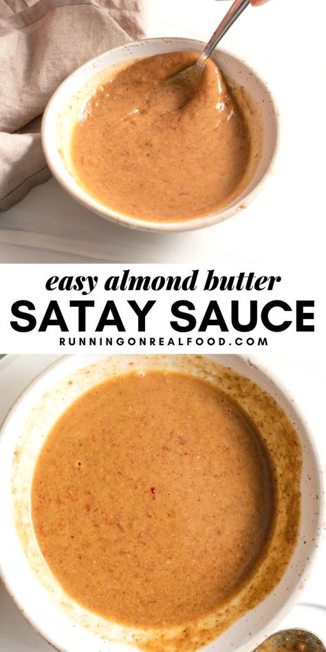 This quick and easy almond butter satay sauce is perfect as a dip, spread or dressing. Almond Butter Sauce, Running On Real Food, Vegan Appetizers Recipes, Almond Butter Recipes, Vegan Dips, Sauce For Rice, Satay Sauce, Sauces And Dips, Vegan Sauces