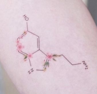 Serotonin Tattoos Creative, Seratonin Small Tattoo, Neuroscience Tattoo, Mindful Tattoo, Serotonin Tattoo, Molecule Tattoo, Small Tats, Sweet Tattoos, Blossom Tattoo