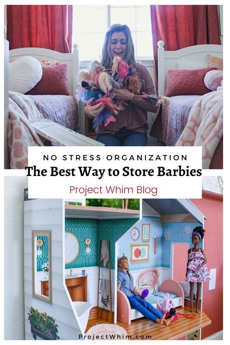 Modern Barbie Doll House and The Best Storage Solution for Barbie Dolls and Accessories. How to Organization Barbies. Kids Bedroom Storage Solution Ideas. Barbie Storage that works. #kidsroom #kids #storage #organization Storing Barbies, Barbie Storage Ideas Kids Rooms, Kids Playhouse Makeover, Barbie Storage, Barbie Organization, Doll Organization, Girls Bedroom Storage, Barbie Camper, Modern Barbie