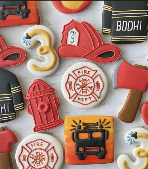 Fire Department Cookies Decorated, Firefighter Birthday Cookies, Fire Department Cookies, Firetruck First Birthday, Firefighter Cookies Decorated, Fire Truck First Birthday Party, Fire Truck Cookies, Firefighter First Birthday, Fire Truck Birthday Cookies