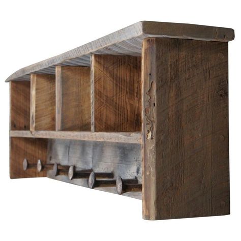 Late 20th Century Reclaimed Pine Hanging Wall Cubby Hall Tree Shelf Railroad Spikes Aspen Colorado Shelf For Display, Reclaimed Wood Coat Rack, Railway Spike Coat Rack, Wall Hanging Coat Rack Ideas, Railroad Spike Coat Rack, Barnwood Furniture Ideas, Inside Wood Storage Ideas, Farmhouse Wood Decor Diy Projects, Primitive Furniture Farmhouse Style