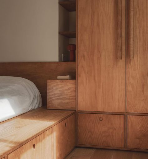 Bed Wardrobe, Small Bedroom Remodel, Plywood Interior, Living Area Design, Joinery Design, Pine Plywood, Tiny Apartment, Tiny Bedroom, Cabin Design