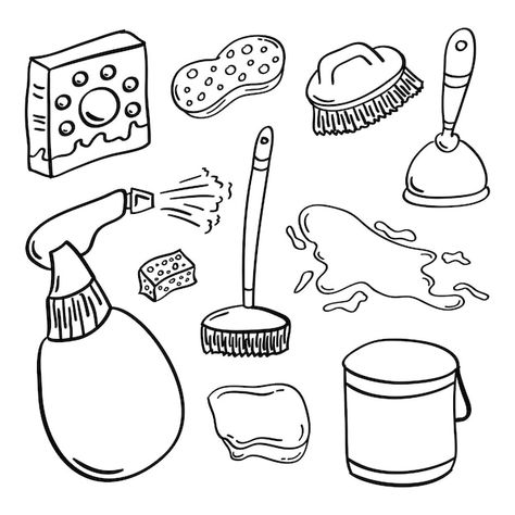 Cleaning Coloring Pages, Cleaning Tools Drawing, Clean Drawing, Kitchen Tools Drawing, Cleaning Drawing, Cleaning Icons, Cleaning Chart, Kitchen Drawing, Black Paper Drawing