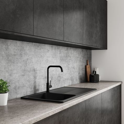 Brooklyn Concrete is a light cement splashback design, crafted to look like poured concrete with pronounced lines in dark grey, and subtle speckles throughout. Transform your kitchen with the new rich natural textures of the Alloy Decor Range. #idsurfaces #alloy #kitchensplashbacks #concrete #kitcheninspiration Cement Kitchen Ideas, Dark Modern Kitchen, Black Splashback, Grey Splashback, Grey Kitchen Interior, Cement Kitchen, Kitchen Under Stairs, Concrete Interior Design, Grey Cupboards