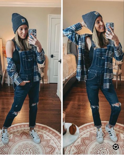 Shacket style fall outfit inspo flannel #fallfashion #flannel #outfitoftheday #outfitideas Turquoise Flannel Outfit, Flannel Over Overalls, Flannel And Overalls, Overalls Outfit With Flannel, Styling Mens Flannel For Women, Overalls Flannel Outfit, Black Flannel Shirt Outfit, Overalls And Flannel Outfits, Dixxon Flannel Women Outfit