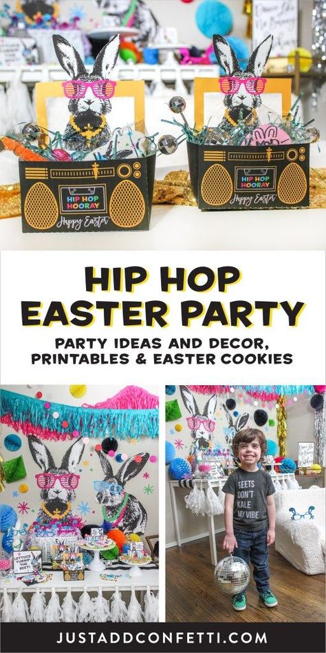 "Lettuce turnip the beet" and get dancing like "no bunny" is watching! This Hip Hop Easter Dance Party is so much fun! Full of Easter party decor and printables as well as adorable hip hop Easter cookies this party will have your guests hoppin'! Easter Theme Party, Hip Hop Hooray, Hip Hop Easter, Bunny Invitations, Easter Favors, Party Giveaways, Hip Hop Party, Bunny Party, Printable Party Decorations