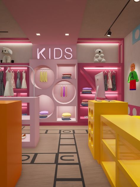 Diseño de una tienda de ropa infantil; un espacio atractivo y llamativo para los más pequeños de la casa. 🧒👦 Clothes Shop Design, Kids Clothing Store Design, Gift Shop Interiors, Kids Salon, Girls Clothing Stores, Clothing Store Design, Store Design Boutique, Candy House, Store Interiors