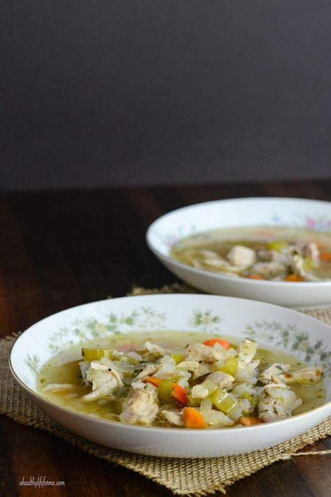 Great chicken and vegetable soup recipe. Instead of ghee, I use 1 tbsp of grass fed organic butter and 1 tbsp olive oil, and add celery. And, instead of noodles, we eat it with brown rice or whole grain brown rice pilaf. 😋🍲 It is also an easy recipe to double as well. Gluten Free Chicken Soup, Easy Paleo Chicken, Paleo Chicken Soup, Raw Eating, Paleo Soups, Bisque Soup, Turkey Soup Recipe, Paleo Soup, Vegetarian Chicken