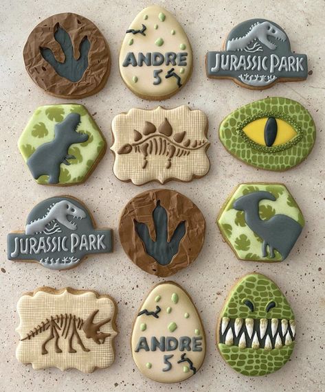 Dinasour Cookies Ideas, Dinosaur Themed Cookies, Dinosaur Cookies 4th Birthday, Dinosaur Party Cookies, Dino Birthday Cookies, Dinosaur Cookies 3rd Birthday, Jurassic Park Cookies Decorated, Three Rex Cookies, Jurassic Park Party Food