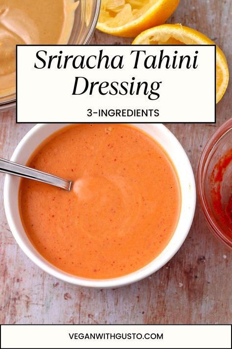 This fiery sriracha tahini dressing recipe is 3-ingredient quick and deliciously spicy as you like it. It's as simple as whisking creamy tahini, lemon juice, and a splash (or more) of spicy sriracha chili sauce for a vegan dressing you’ll love. Ready to make an easy, delicious salad dressing? Get the recipe with full instructions! Spicy Dressing For Salad, Vegan Dressings And Sauces, Spicy Tahini Dressing, Spicy Salad Dressing Recipes, Spicy Salad Dressing, Sriracha Dressing, Tahini Recipes, Sauce Ideas, Spicy Dressing