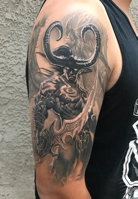 Illidan tattoo Illidan Stormrage Tattoo, Illidan Tattoo, Warcraft Tattoo, World Of Warcraft Tattoo, Horde Tattoo, Werewolf Tattoo, Tattoo Uk, Viking Tattoo Sleeve, Gamer Tattoos