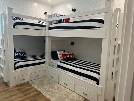 Built-in bunks Cottage Spring, Bunk Bed Rooms, Duplex Floor Plans, Bunk Beds Built In, Built In Bunks, Bunk Rooms, Spring Projects, Bunk Room, Summer Goals