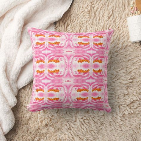 Pink And Orange Throw Pillow, Pink And Orange Pillows, Girly Interior, Hot Pink Throw Pillows, Throw Pillows Dorm, Floral Geometric Pattern, Teen Hangout, Apartment Finds, Hot Pink Background