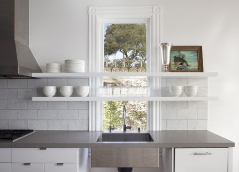 Remodeling 101: 7 Things To Know About Engineered Quartz Countertops Low Kitchen Window, Engineered Quartz Countertops, Low Window, Kitchen Window Ideas, Countertop Inspiration, Kitchen Sink Window, Glass Shelves Kitchen, Floating Glass Shelves, Modern Kitchen Sinks