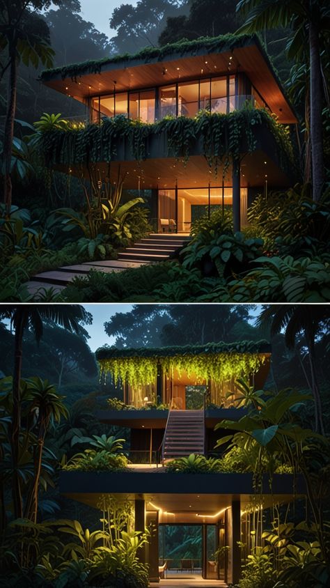 This self-sustaining smart home thrives in the heart of the rainforest, complete with solar-powered bioluminescent walkways, vertical gardens, and a serene waterfall. 🌿💡 #EcoUtopia #SmartHomes #NatureInspiredDesign Organic Architecture Design, Rainforest Home, Self Sustaining, Architecture Design Ideas, Vertical Gardens, Organic Architecture, The Rainforest, Nature Inspired Design, Solar Powered