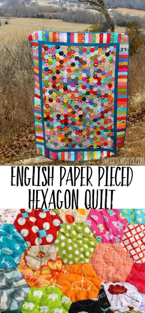 See a beautiful English Paper Pieced Hexagon quilt made from hand stitched hexies. Modern fabric scrap I Spy quilt with unique borders! #quilt #hexie #englishpaperpiecing Hexagon Quilt Pattern, I Spy Quilt, Hexie Quilt, English Paper Piecing Quilts, Beginner Sewing Projects Easy, Hexagon Quilt, Paper Embroidery, Paper Piecing Quilts, Paper Piecing Patterns