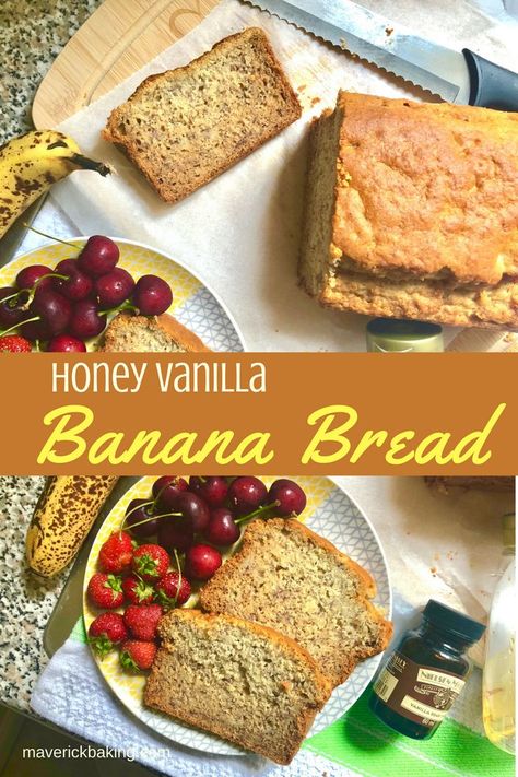 Honey Vanilla Banana Bread; a scrumptiously simple, sweet and moist banana bread laced with the aromas of runny honey and vanilla bean. Vanilla Banana Bread, Honey Banana Bread, No Yeast Bread, Moist Banana Bread, Delicious Cake Recipes, Cake Lover, Breakfast Brunch Recipes, Best Dessert Recipes, Healthy Eats