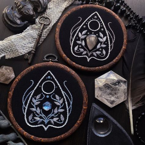 Goth Embroidery Patterns Free, Witchy Sewing Projects, Witchy Activities, Macro Macrame, Witch Cabin, Woodland Embroidery, Silver Sheen Obsidian, Stitch Witchery, The Angle