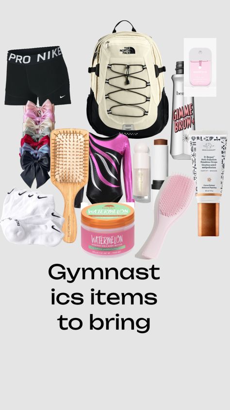 What to bring in gymnastic bag What To Wear To Gymnastics, Gymnastics Bag Essentials, Gymnastics Essentials, Sports Bag Essentials, Gymnastics Supplies, Gymnastics Things, Track Bag, Gymnastics Camp, Gymnastics Stuff