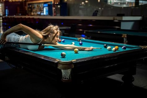 Photo young pretty woman playing alone s... | Premium Photo #Freepik #photo #pool-table #snooker-table #snooker #indoor-games Pool Table Pictures, Playing Pool Aesthetic, Pool Table Aesthetic, Pool Table Photoshoot, Billiards Aesthetic, 21st Birthday Pictures, Country Pool, Pool Drawing, Boudiour Poses